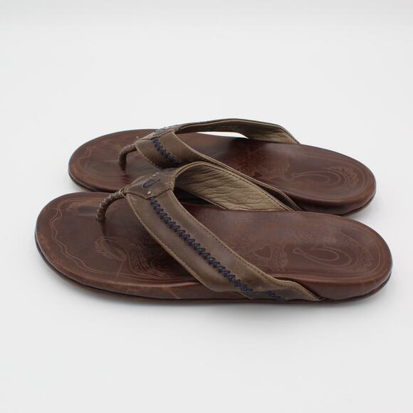 Olukai Mea Ola Leather Flip Flops Mens 12 Brown Comfort Sandals Casual Beach - Picture 2 of 7